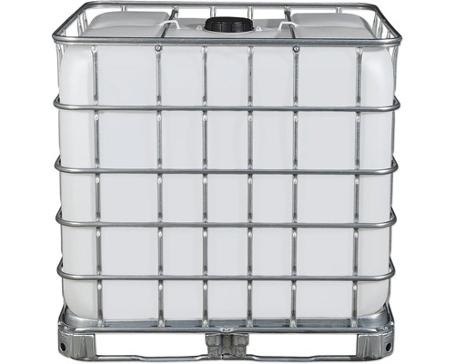Weißer IBC Container mit Stahlgitter auf Palette