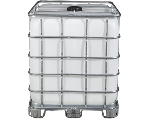 Weißer IBC Container mit Metallgitter und schwarzem Deckel