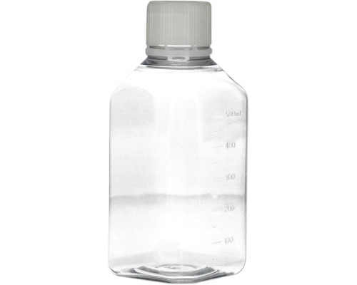 Bouteille de laboratoire transparente en plastique avec bouchon à vis et indicateur de niveau