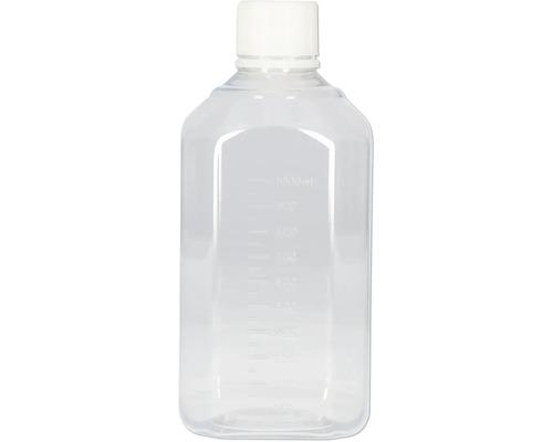 Bouteille transparente vide avec bouchon blanc et indications en millilitres