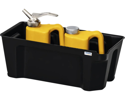 Schwarze Auffangwanne mit zwei gelben Behältern