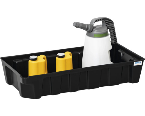 Sprühgerätehalter mit Sprühgerät und Reiniger in einer schwarzen Wanne