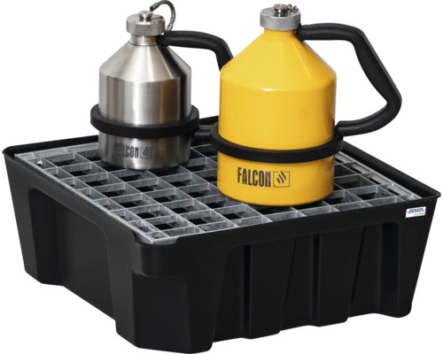 Auffangwanne mit Stahlgitter und zwei Falcon-Sicherheitskannen