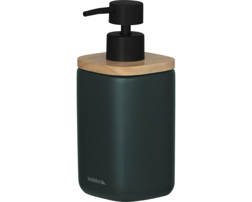 Seifenspender mit Holzdeckel und schwarzer Pumpe