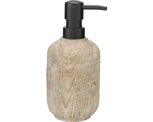 Seifenspender aus Keramik mit Holzstruktur und schwarzem Spenderkopf