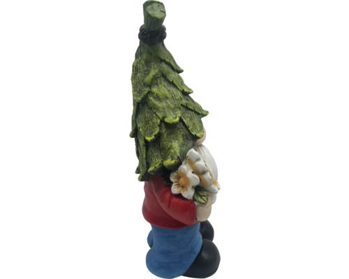 Gartenzwerg mit Baumstammhut und Blumenstrauß