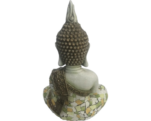 Buddha Statue mit Mosaiksockel, Ansicht von hinten
