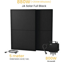Module solaire JA Solar Full Black de 880 watts, onduleur Growatt de 800 watts et câble d''extension de 5 mètres