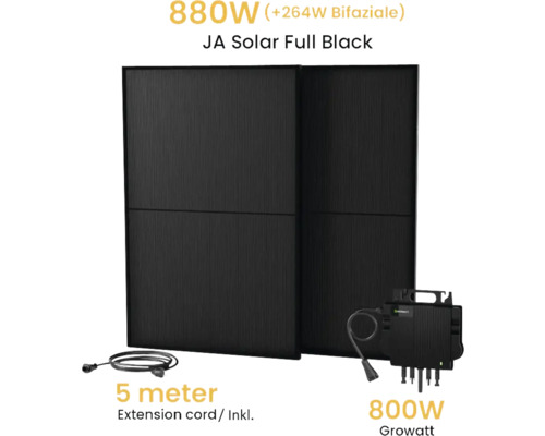 Set de centrale électrique de balcon, JaSolar 2x modules photovoltaïques Bifacial Double verre 430-455, onduleur Growatt, câble de 5m Module solaire JA Solar Full Black de 880 watts, onduleur Growatt de 800 watts et câble d''extension de 5 mètres