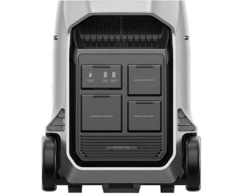 Vue arrière d''une centrale électrique mobile avec différents ports et le logo EcoFlow