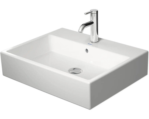 Rechteckiges Aufsatzwaschbecken aus Keramik mit Armatur
