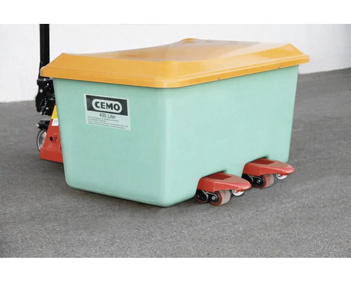 Conteneur de transport avec couvercle et roulettes, capacité de 400 litres