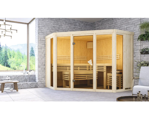 Sauna modulaire Karibu Armira 2 sans poêle ni couronne, avec baie vitrée