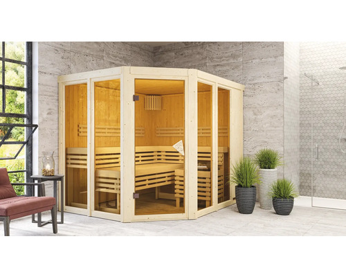 Sauna modulaire Karibu Mandos 3 sans poêle ni couronne, avec porte entièrement vitrée couleur bronze