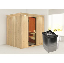 Sauna en bois avec poêle de sauna et façade en verre