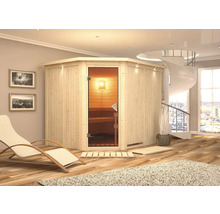 Sauna d''intérieur en bois avec porte en verre dans une pièce lumineuse avec transat et escalier en colimaçon