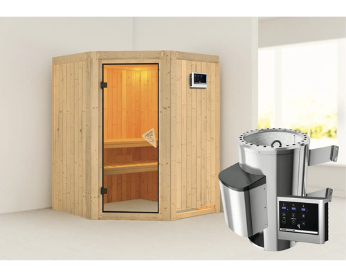 Sauna Plug & Play Karibu Kanja avec poêle 3,6 kW et commande ext. sans couronne avec porte entièrement vitrée coloris bronze