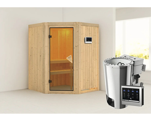 Sauna Plug & Play Karibu Kanja avec poêle bio 3,6 kW et commande ext. sans couronne avec porte entièrement vitrée coloris bronze