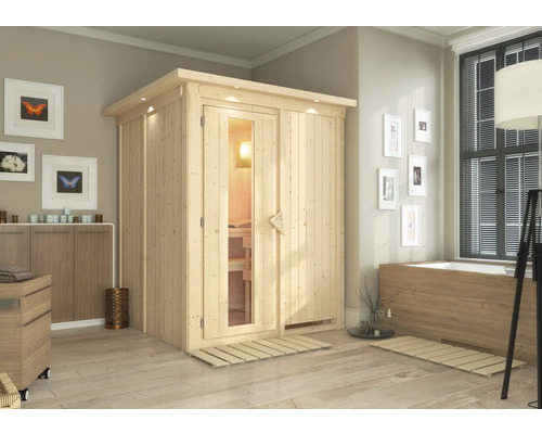 Sauna modulaire Karibu Norina sans poêle avec couronne avec porte en bois et verre à isolation thermique