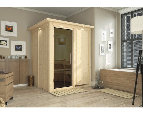 Sauna modulaire Karibu Norina sans poêle avec couronne et porte entièrement vitrée coloris graphite