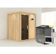 Sauna aus Holz mit Glastür und Saunaofen mit Steinen