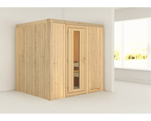 Sauna modulaire Karibu Sodina sans poêle et couronne avec porte en bois et verre à isolation thermique