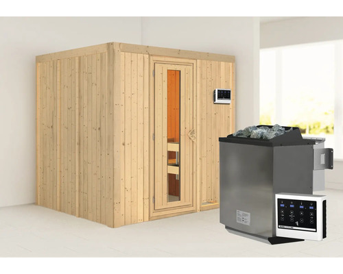 Elementsauna Karibu Sodina inkl. 9 kW Bio Ofen u.ext.Steuerung ohne Dachkranz mit Holztüre und Isolierglas wärmegedämmt Elementsauna Karibu Sodina inkl. 9 kW Bio Ofen u.ext.Steuerung ohne Dachkranz mit Holztüre und Isolierglas wärmegedämmt