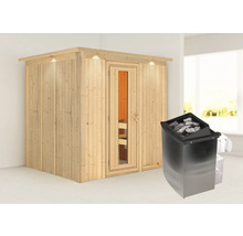 Sauna modulaire Karibu Sodina avec poêle 9 kW et commande intégrée, avec frise de toit et portes en bois avec verre isolé thermiquement