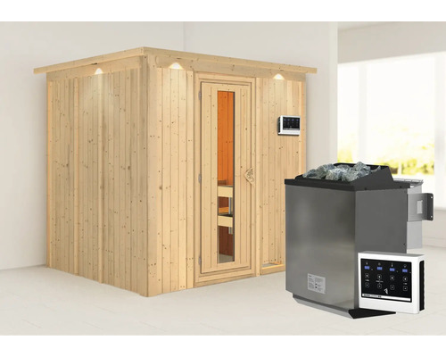 Elementsauna Karibu Sodina inkl. 9 kW Bio Ofen u.ext.Steuerung mit Dachkranz und Holztüre mit Isolierglas wärmegedämmt Elementsauna Karibu Sodina inkl. 9 kW Bio Ofen u.ext.Steuerung mit Dachkranz und Holztüre mit Isolierglas wärmegedämmt