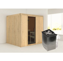 Elementsauna Karibu Sodina inkl. 9 kW Ofen u.integr.Steuerung ohne Dachkranz mit graphitfarbeneer Ganzglastüre