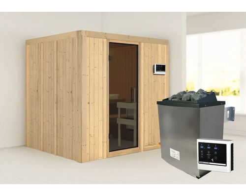 Elementsauna Karibu Sodina inkl. 9 kW Ofen u.ext.Steuerung ohne Dachkranz mit graphitfarbiger Ganzglastüre Elementsauna Karibu Sodina inkl. 9 kW Ofen u.ext.Steuerung ohne Dachkranz mit graphitfarbiger Ganzglastüre