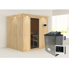 Holzsauna mit Saunaofen und digitalem Steuergerät