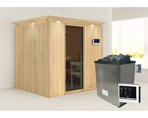 Sauna modulaire Karibu Sodina avec poêle 9 kW et commande ext., avec couronne et porte entièrement vitrée coloris graphite