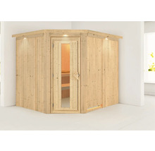 Ecksauna aus Holz mit Glastür und Beleuchtung