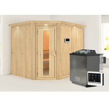 Ecksauna aus Holz mit Saunaofen und Steuerung