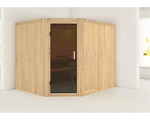 Elementsauna Karibu Malina ohne Ofen und Dachkranz mit graphitfarbiger Ganzglastüre Elementsauna Karibu Malina ohne Ofen und Dachkranz mit graphitfarbiger Ganzglastüre
