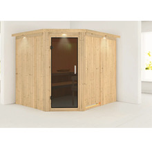 Ecksauna aus Holz mit Glastür und Innenbeleuchtung