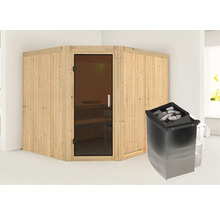 Sauna d''angle avec porte en verre et poêle de sauna