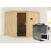 Holzsauna mit Glastür und Saunaofen