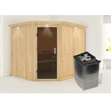 Ecksauna aus Holz mit Glastür und Saunaofen mit Saunasteinen
