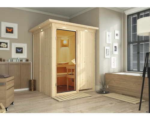 Sauna modulaire Karibu Norina sans poêle avec couronne et porte vitrée coloris bronze