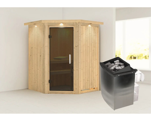 Sauna modulaire Karibu Callinan avec poêle 9 kW et commande intégrée, avec couronne et porte entièrement vitrée coloris graphite