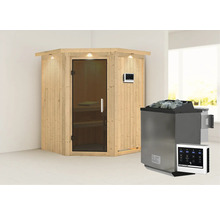 Holzsauna mit Glastür und Saunaofen mit Steinen