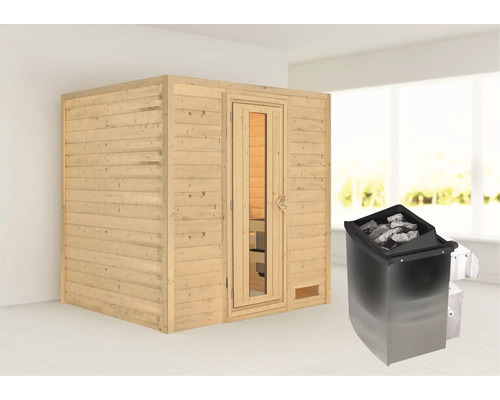 Sauna en bois massif Karibu Anja avec poêle 9 kW et commande intégrée sans couronne avec porte en bois et verre à isolation thermique