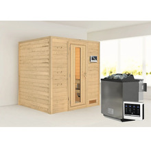 Massivholzsauna Karibu Anja inkl. 9 kW Bio Ofen u.ext.Steuerung ohne Dachkranz mit Holztüre und Isolierglas wärmegedämmt