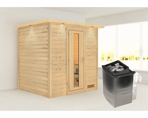 Sauna en bois massif Karibu Anja avec poêle 9 kW et commande intégrée avec couronne et porte en bois et verre à isolation thermique