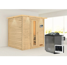 Massivholzsauna Karibu Anja inkl. 9 kW Bio Ofen u.ext.Steuerung mit Dachkranz und Holztüre mit Isolierglas wärmegedämmt