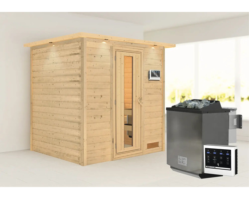 Sauna en bois massif Karibu Anja avec poêle bio 9 kW et commande externe avec couronne et porte en bois et verre à isolation thermique