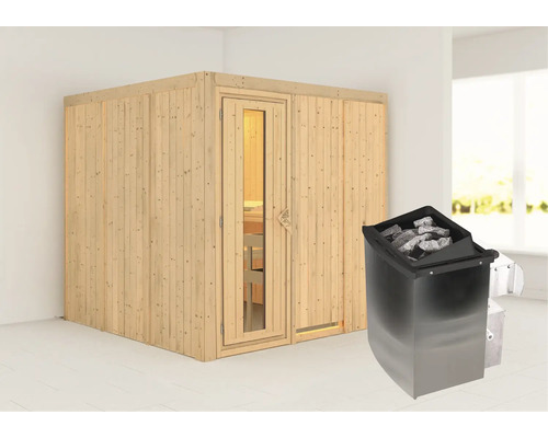Sauna modulaire Karibu Rodina avec poêle 9 kW et commande intégrée sans couronne avec porte en bois et verre à isolation thermique