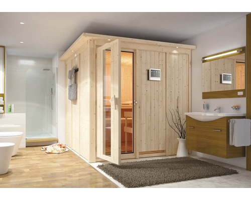 Sauna modulaire Karibu Rodina avec poêle bio 9 kW et commande ext. avec couronne et porte en bois avec verre à isolation thermique